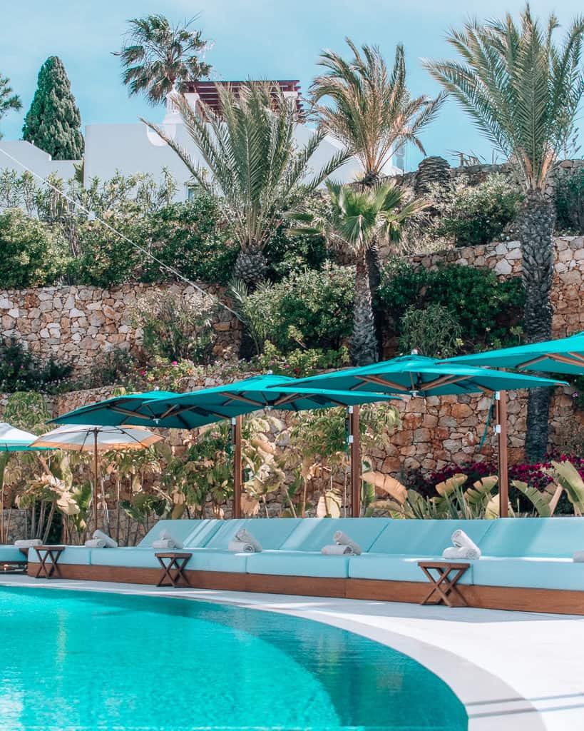 poolside beds and palm trees