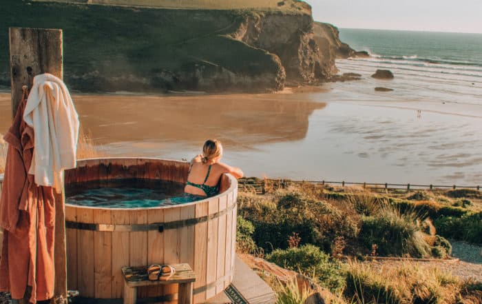 woman in hot tub with view