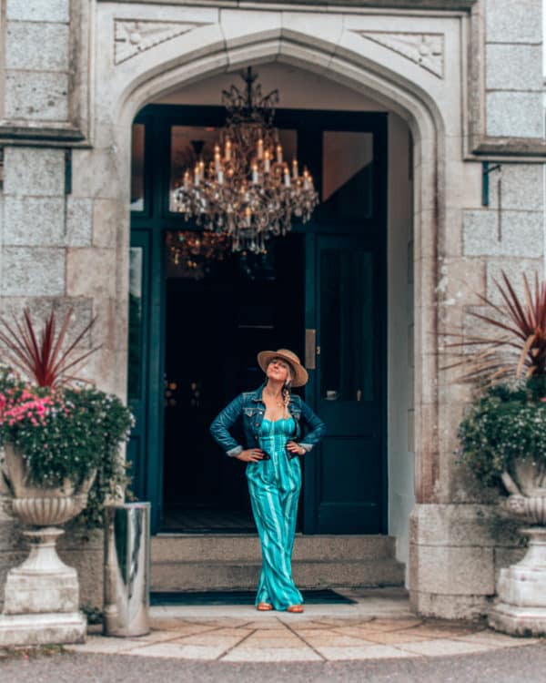 hotel entrance with chandelier