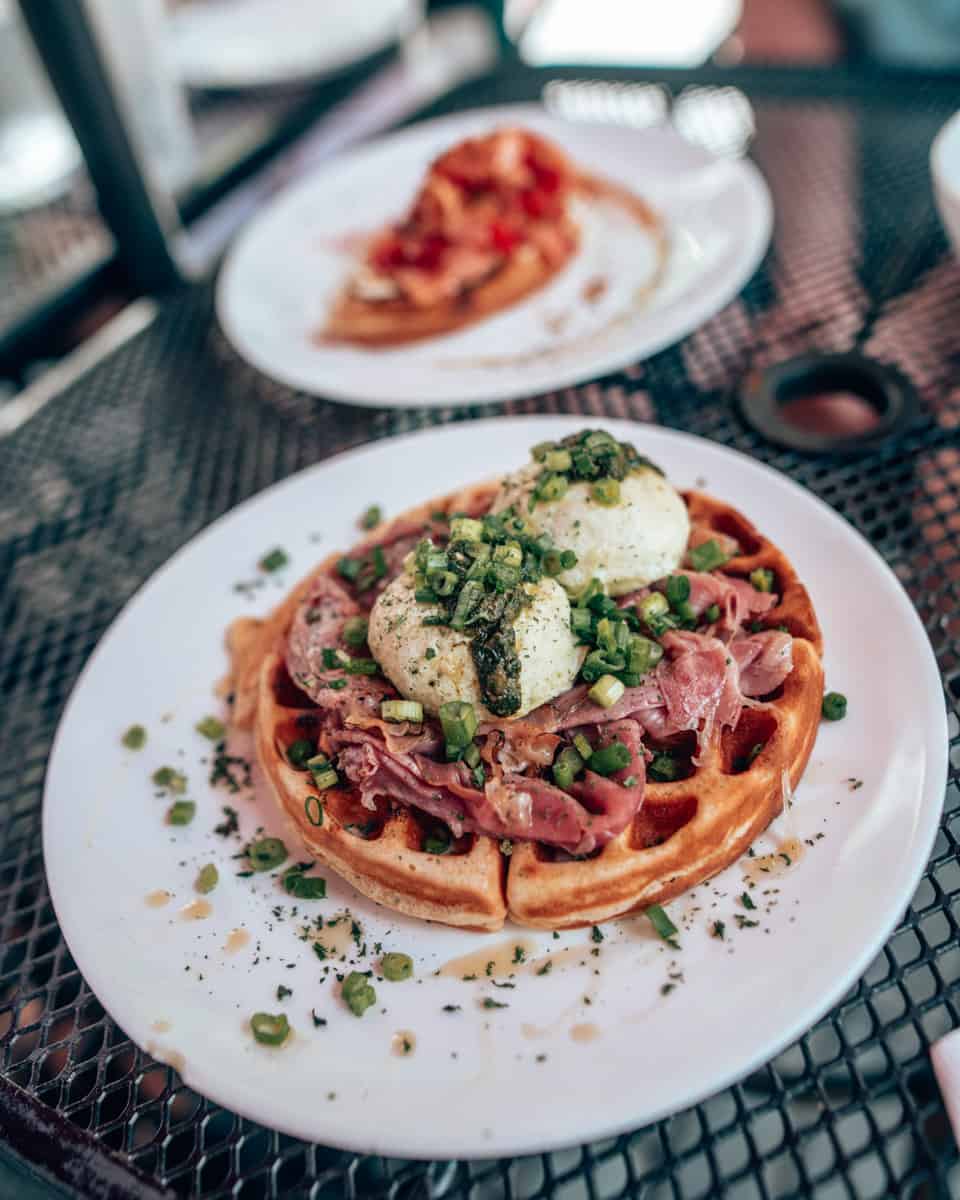waffles with prosciutto, cheese, egg whites and pesto