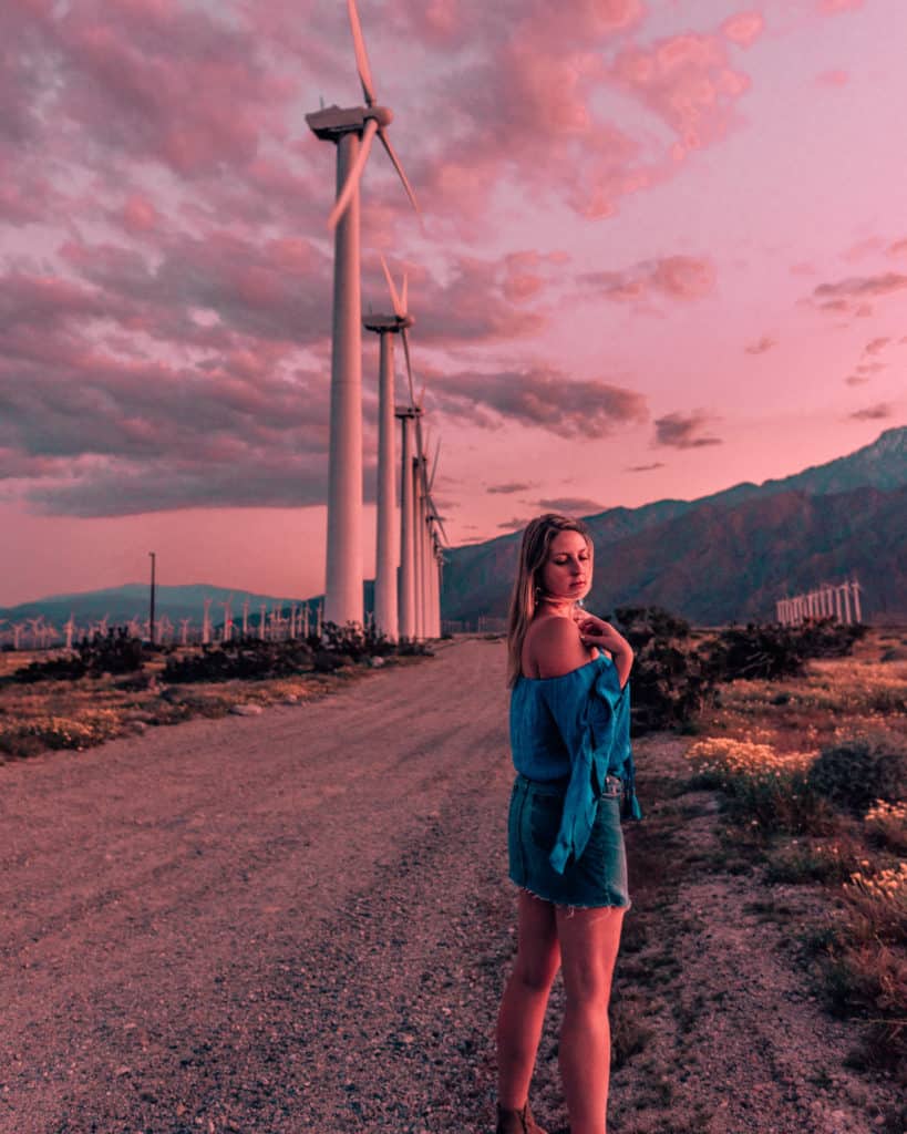 girl standing in front of windmills at sunset